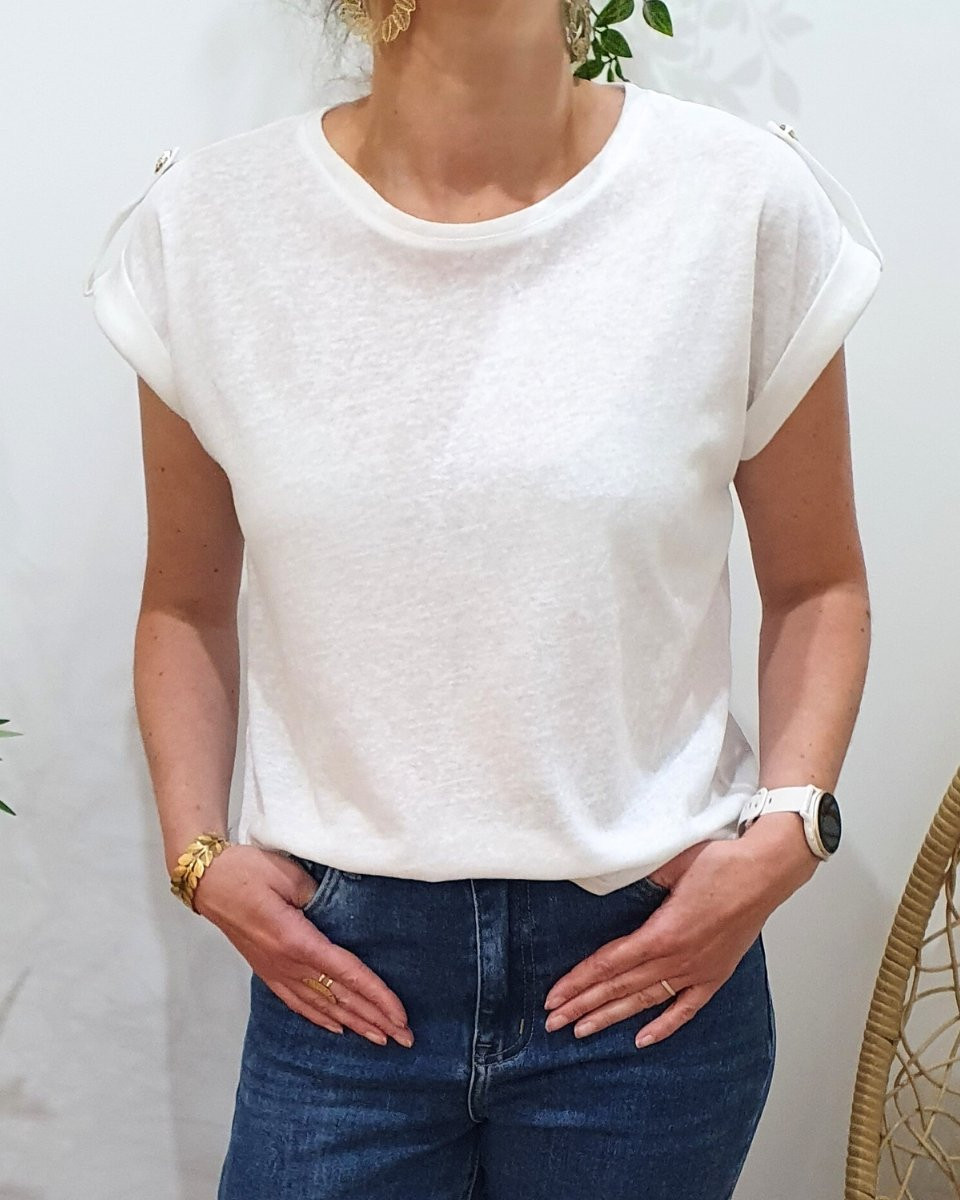 T-Shirt femme blanc bride épaule boutonnée