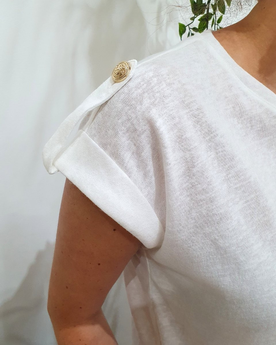 T-Shirt femme blanc bride épaule boutonnée