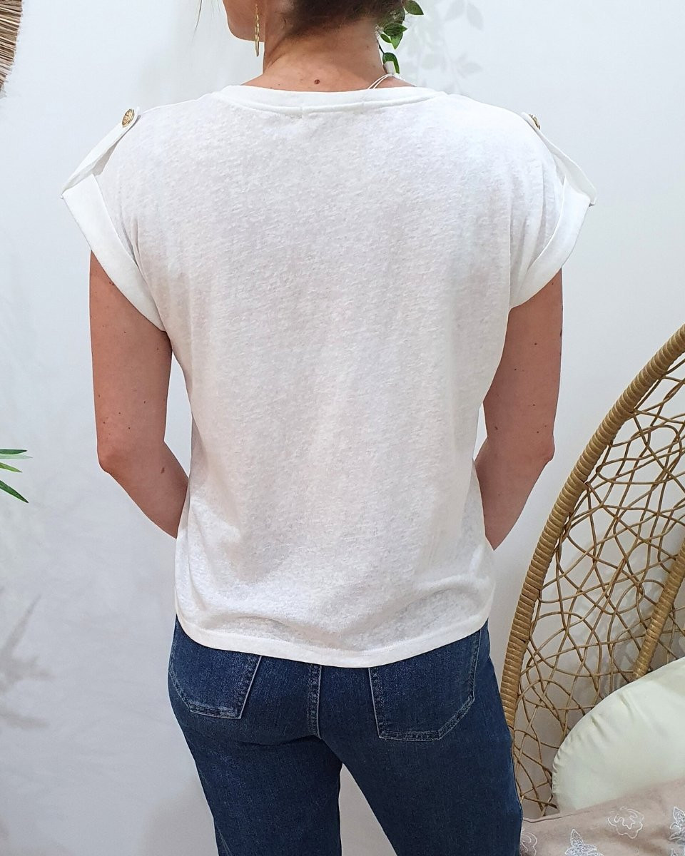 T-Shirt femme blanc bride épaule boutonnée