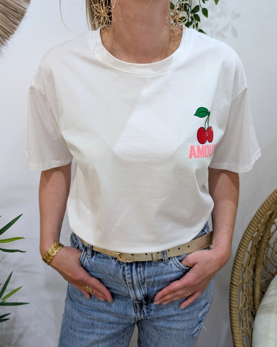 T-Shirt femme blanc AMOUR cerises rose