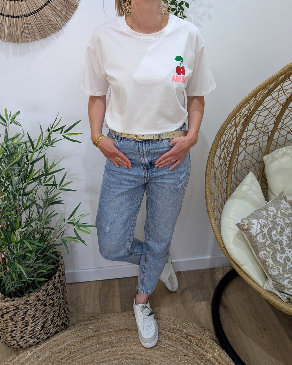 T-Shirt femme blanc AMOUR cerises rose