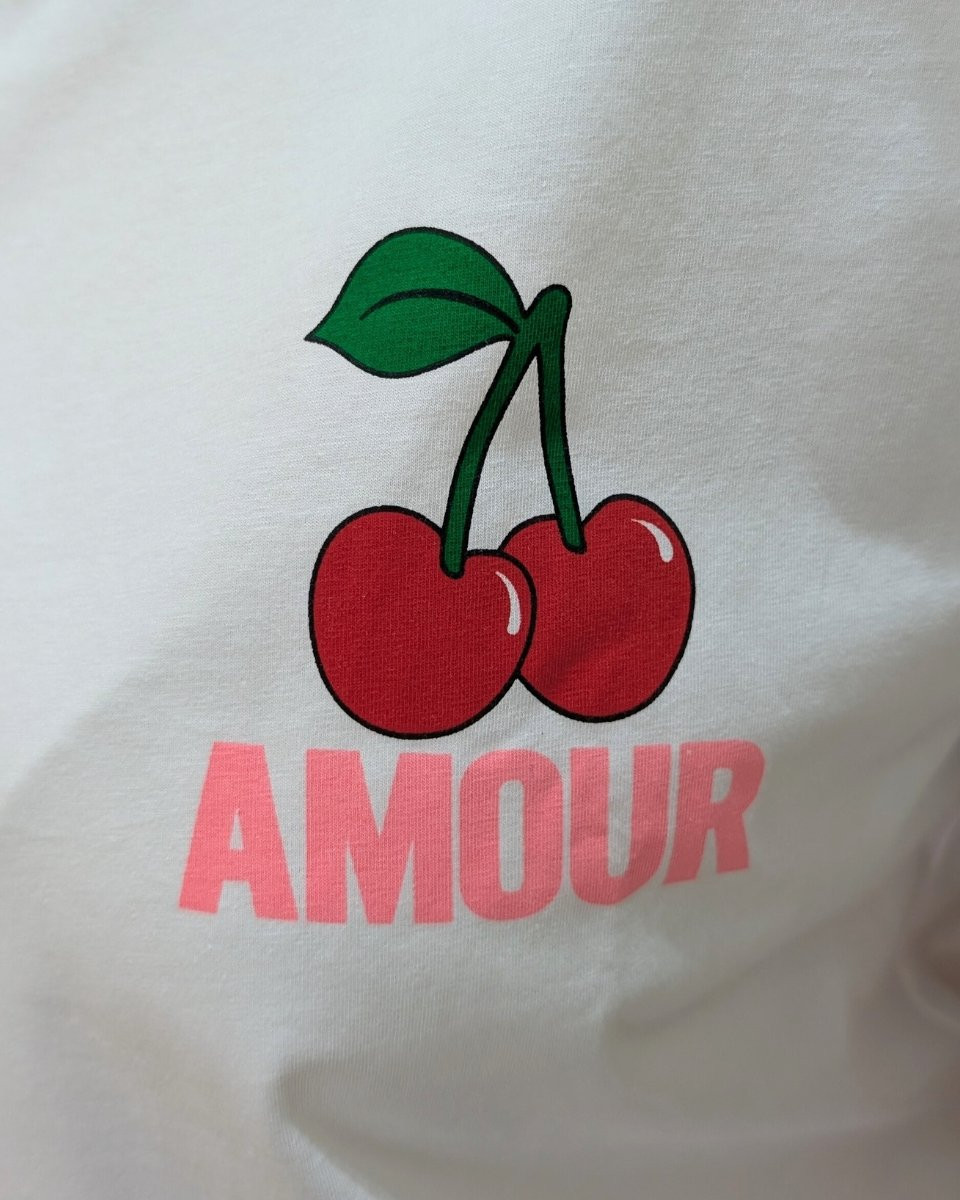 T-Shirt femme blanc AMOUR cerises rose