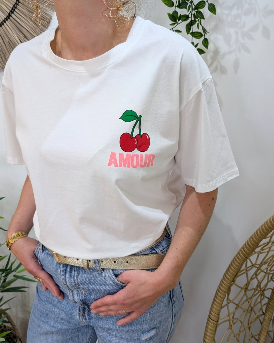 T-Shirt femme blanc AMOUR cerises rose