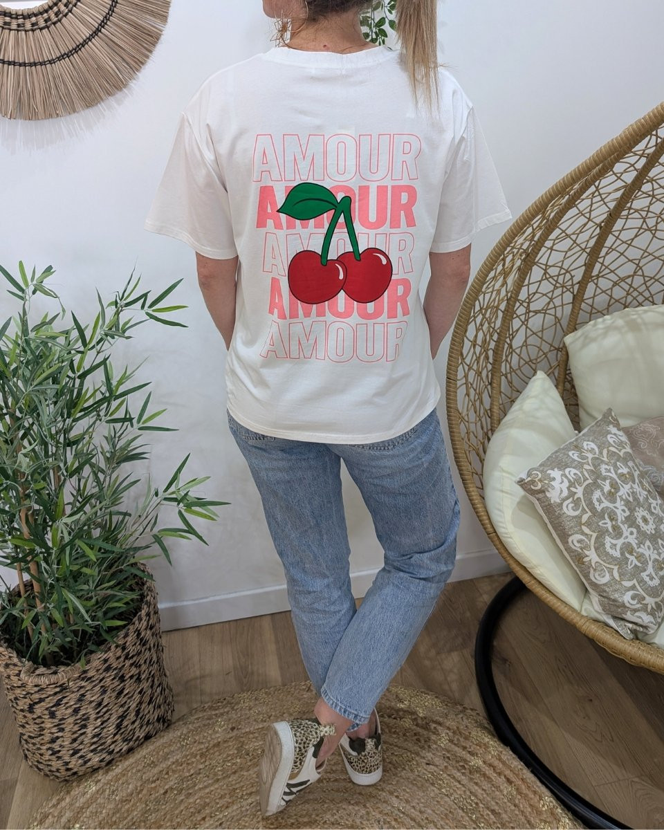 T-Shirt femme blanc AMOUR cerises rose