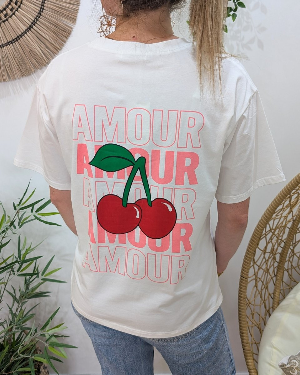 T-Shirt femme blanc AMOUR cerises rose