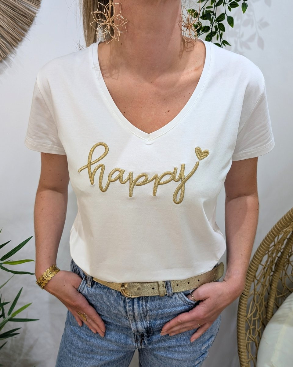 T-Shirt femme blanc broderie happy dorée