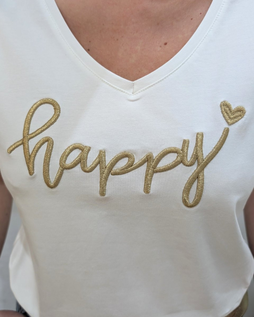 T-Shirt femme blanc broderie happy dorée