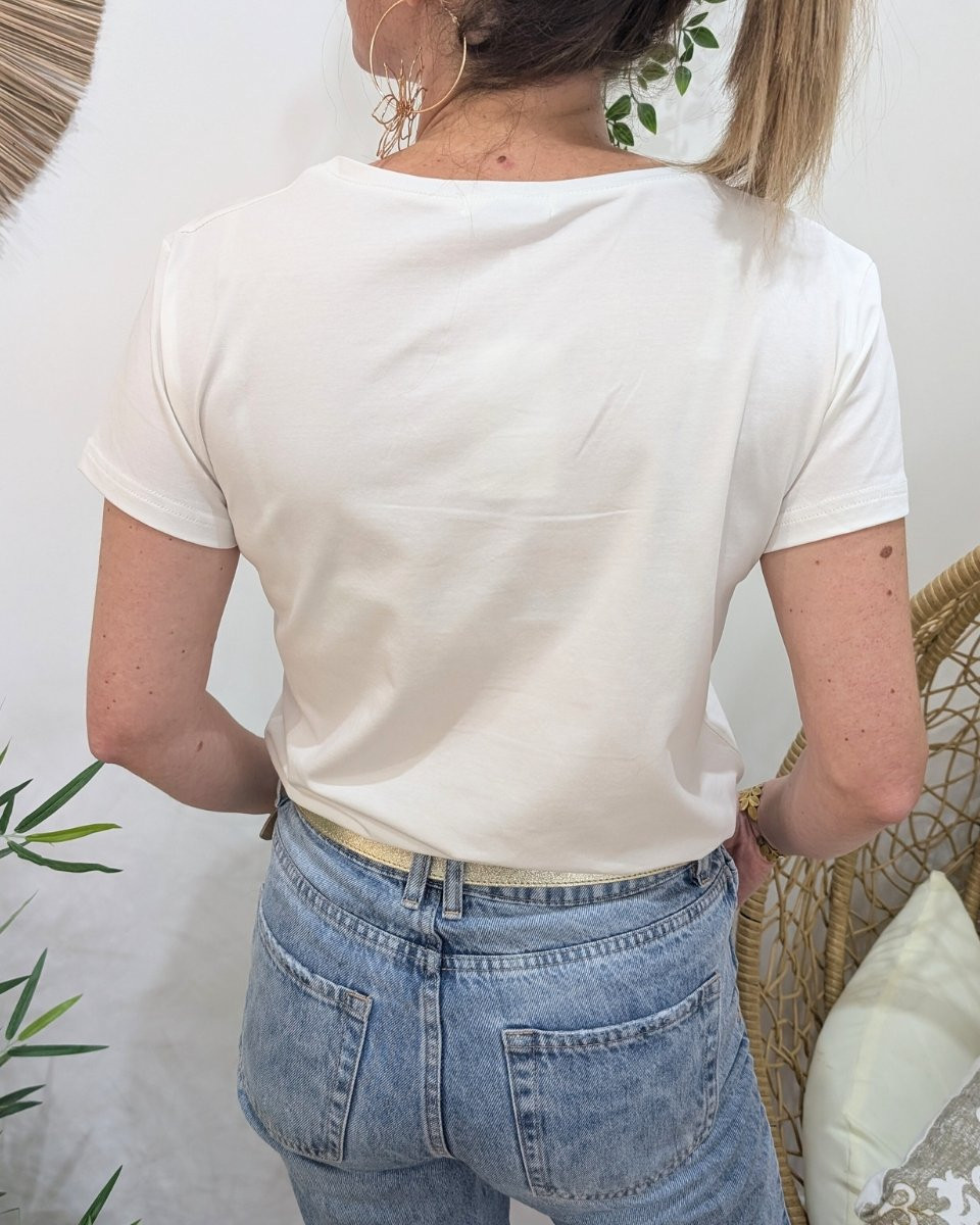 T-Shirt femme blanc broderie happy bleu marine