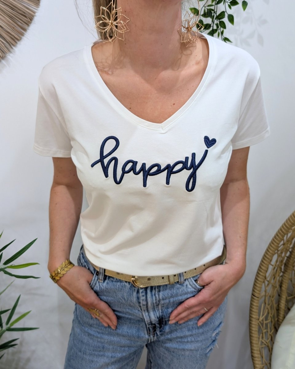 T-Shirt femme blanc broderie happy bleu marine