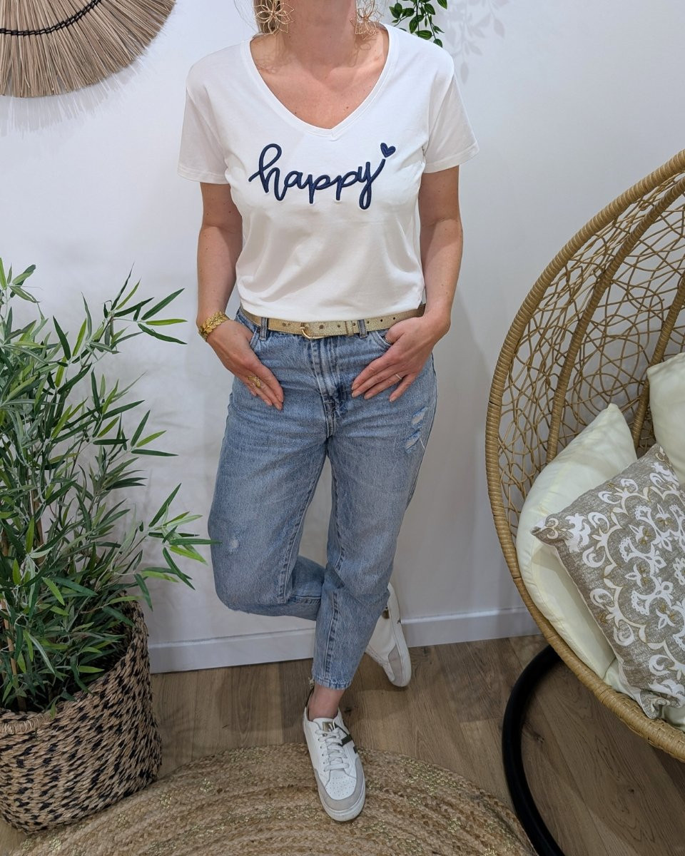 T-Shirt femme blanc broderie happy bleu marine
