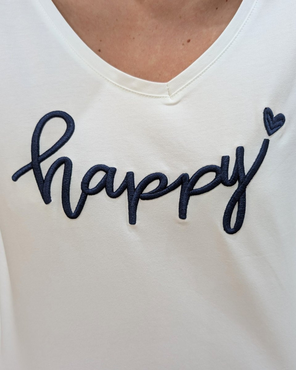 T-Shirt femme blanc broderie happy bleu marine