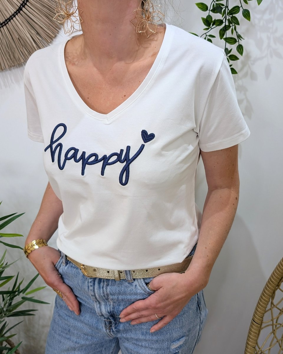 T-Shirt femme blanc broderie happy bleu marine