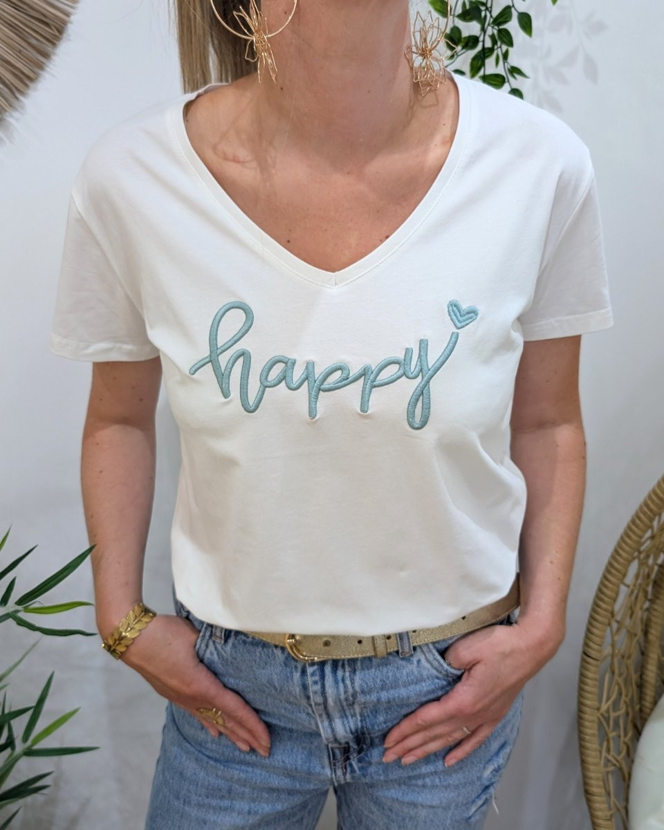 T-Shirt femme blanc broderie happy vert agate