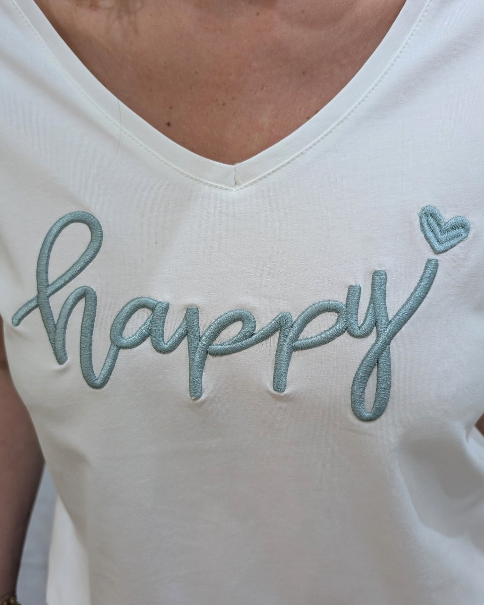 T-Shirt femme blanc broderie happy vert agate