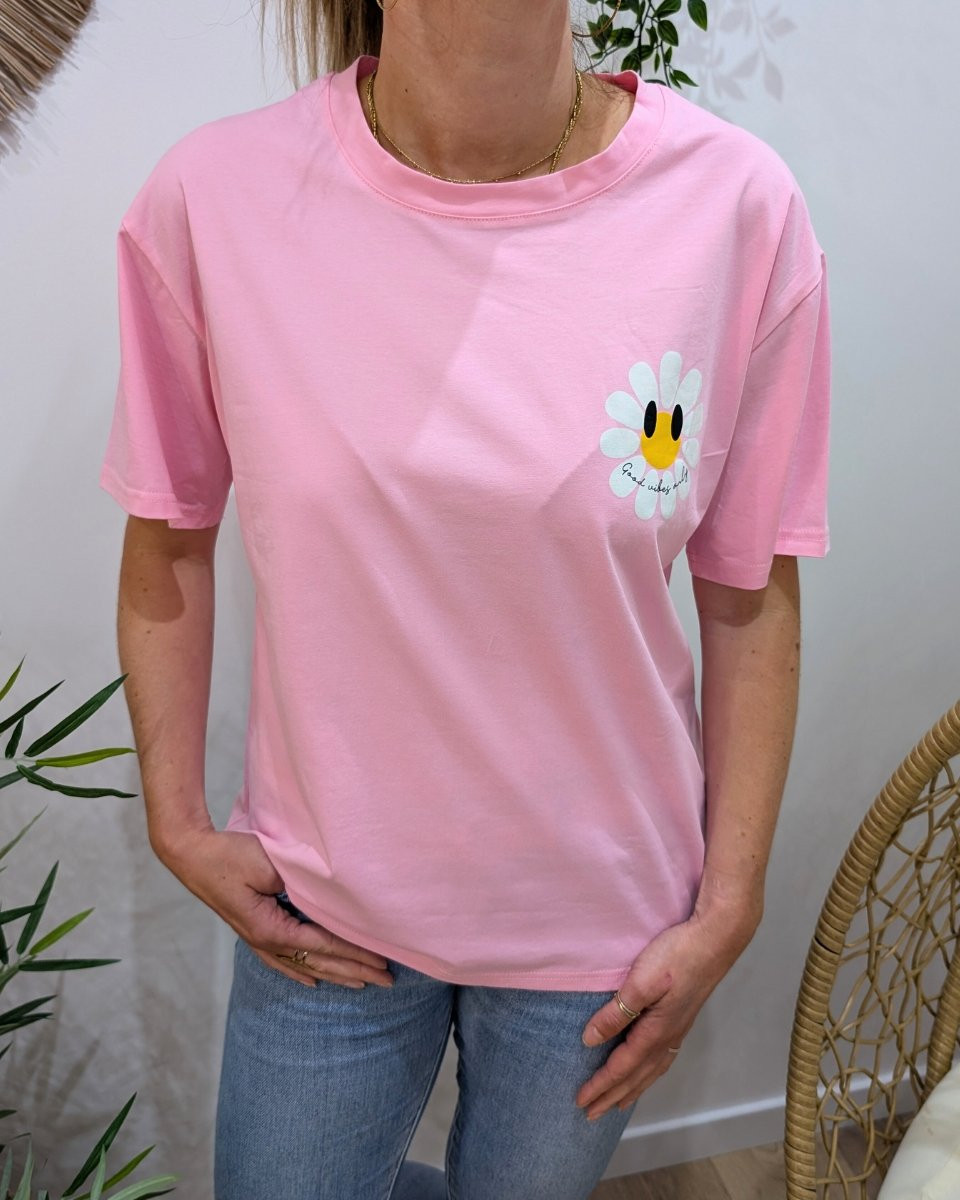 T-Shirt femme rose fleurs good vibes Only