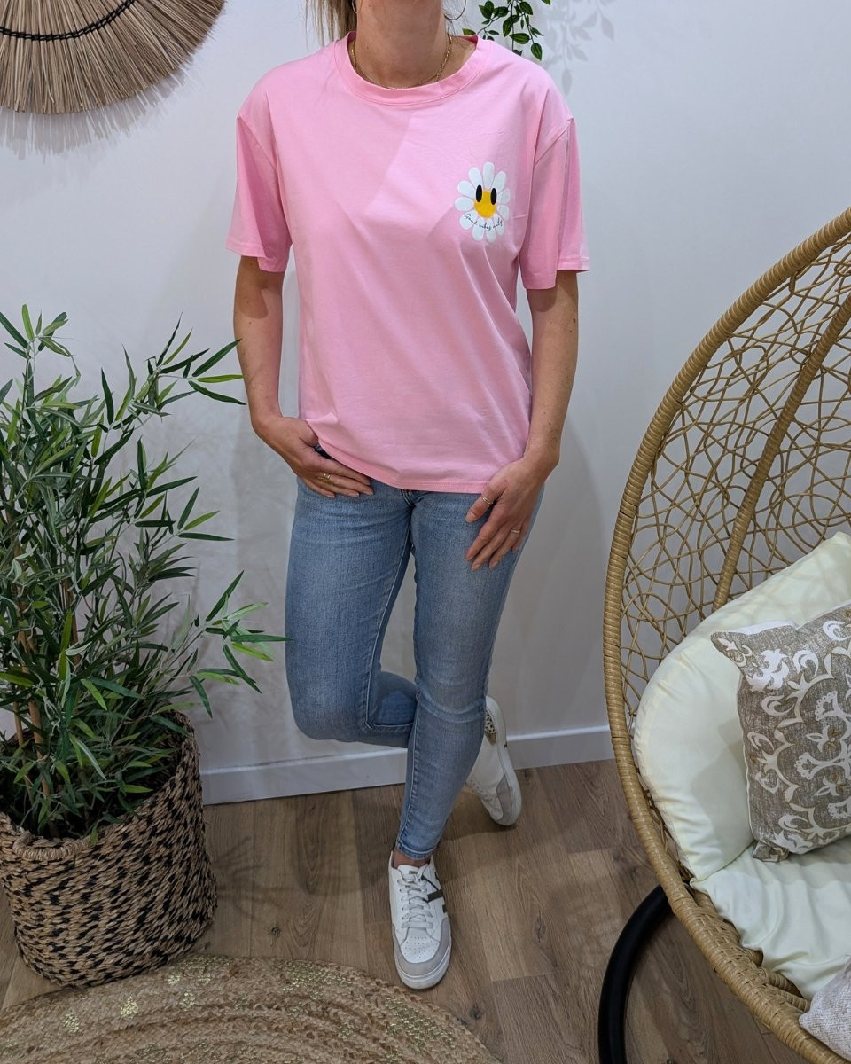 T-Shirt femme rose fleurs good vibes Only