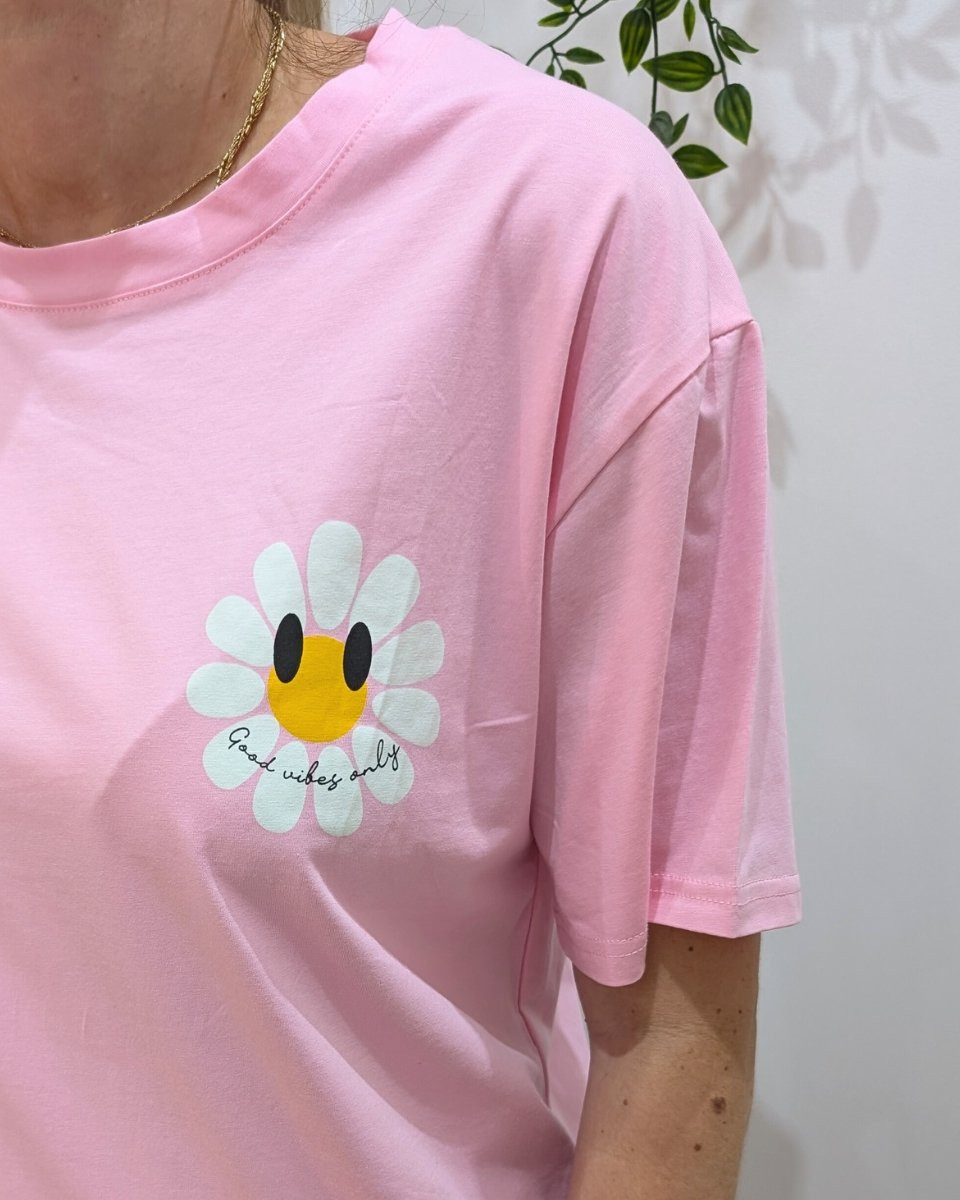 T-Shirt femme rose fleurs good vibes Only
