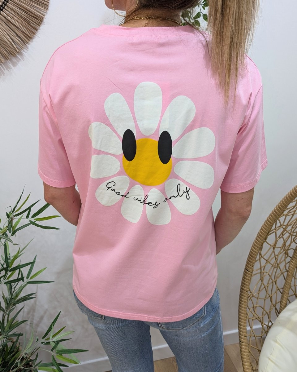 T-Shirt femme rose fleurs good vibes Only