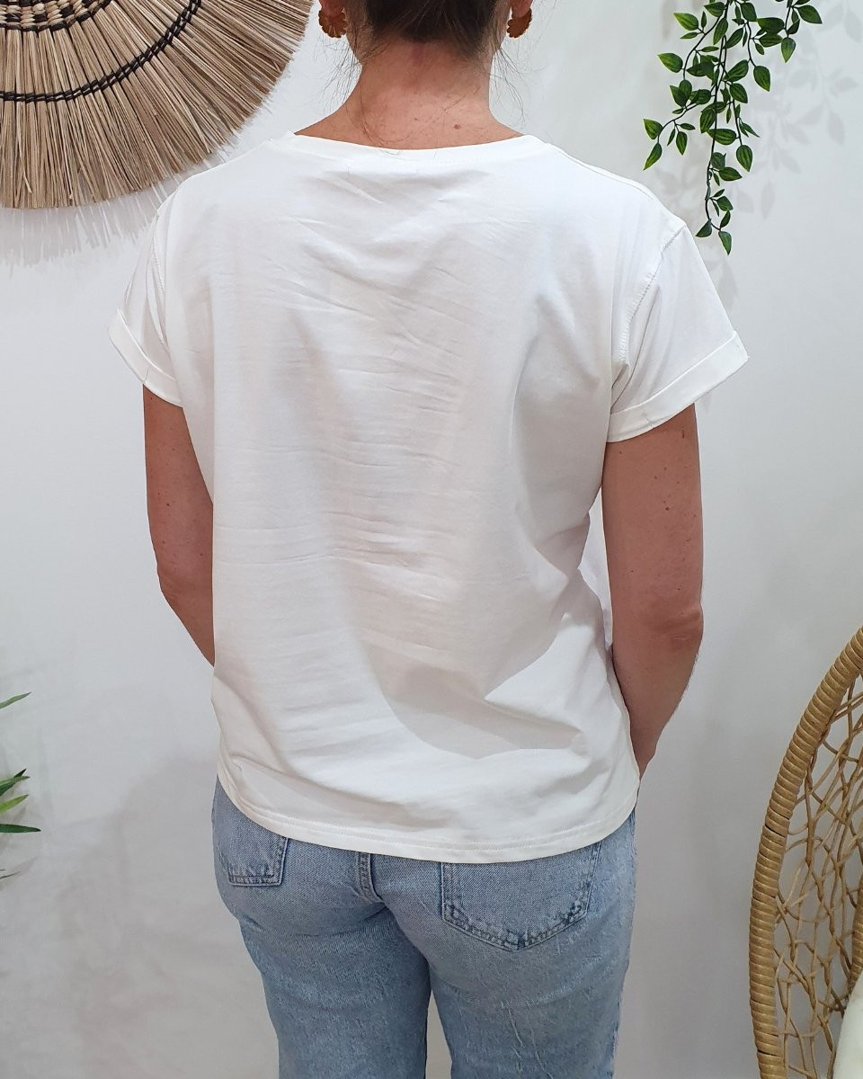 T-Shirt femme blanc broderie les copines d'abord dorée