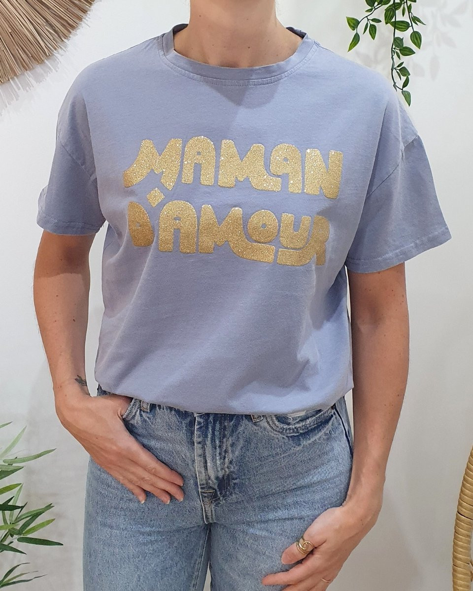 T-Shirt femme bleu gris maman d'amour paillettes dorées