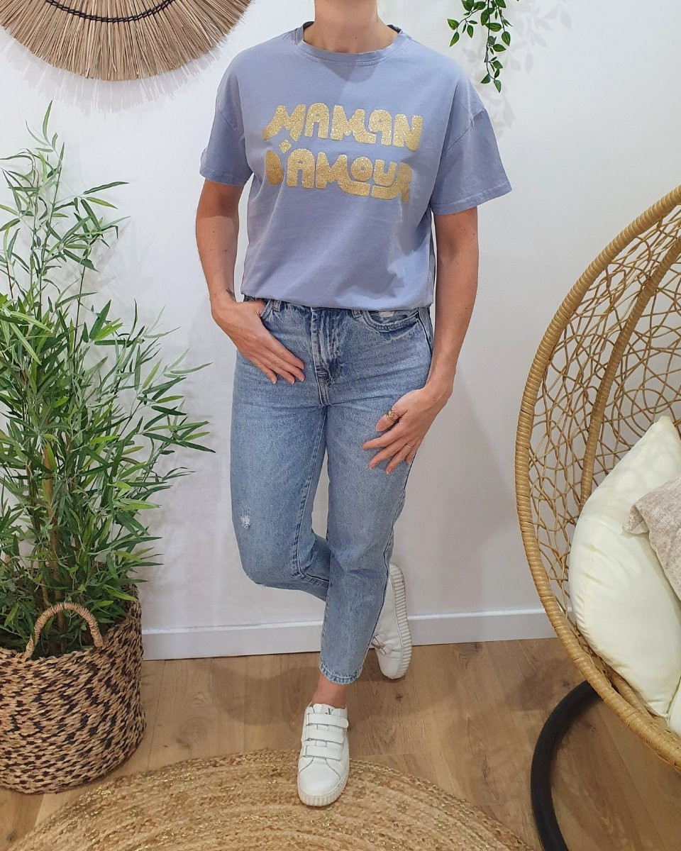 T-Shirt femme bleu gris maman d'amour paillettes dorées