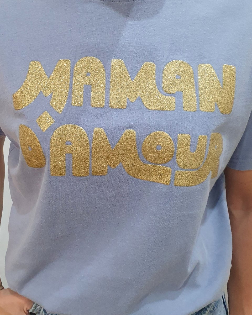 T-Shirt femme bleu gris maman d'amour paillettes dorées