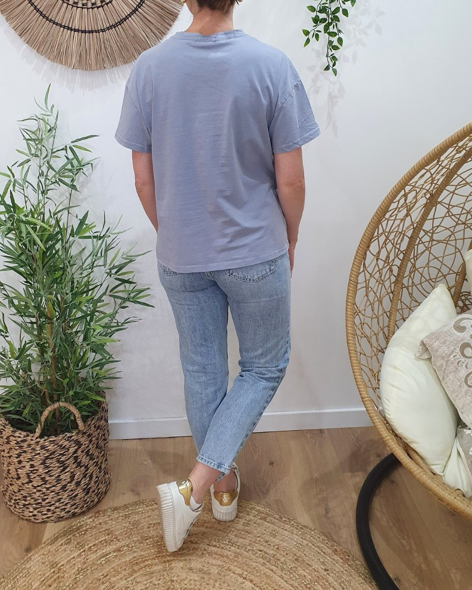 T-Shirt femme bleu gris maman d'amour paillettes dorées