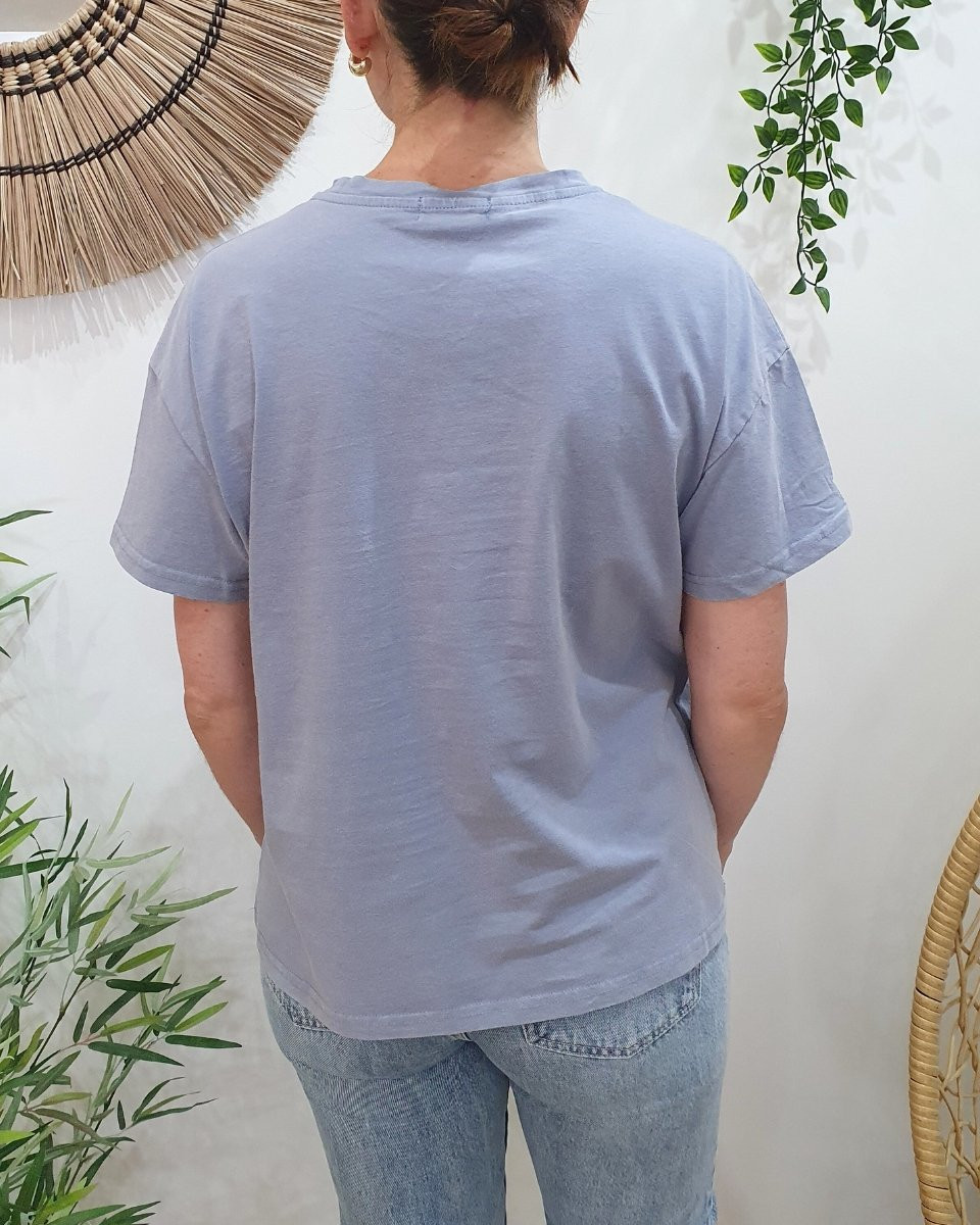 T-Shirt femme bleu gris maman d'amour paillettes dorées