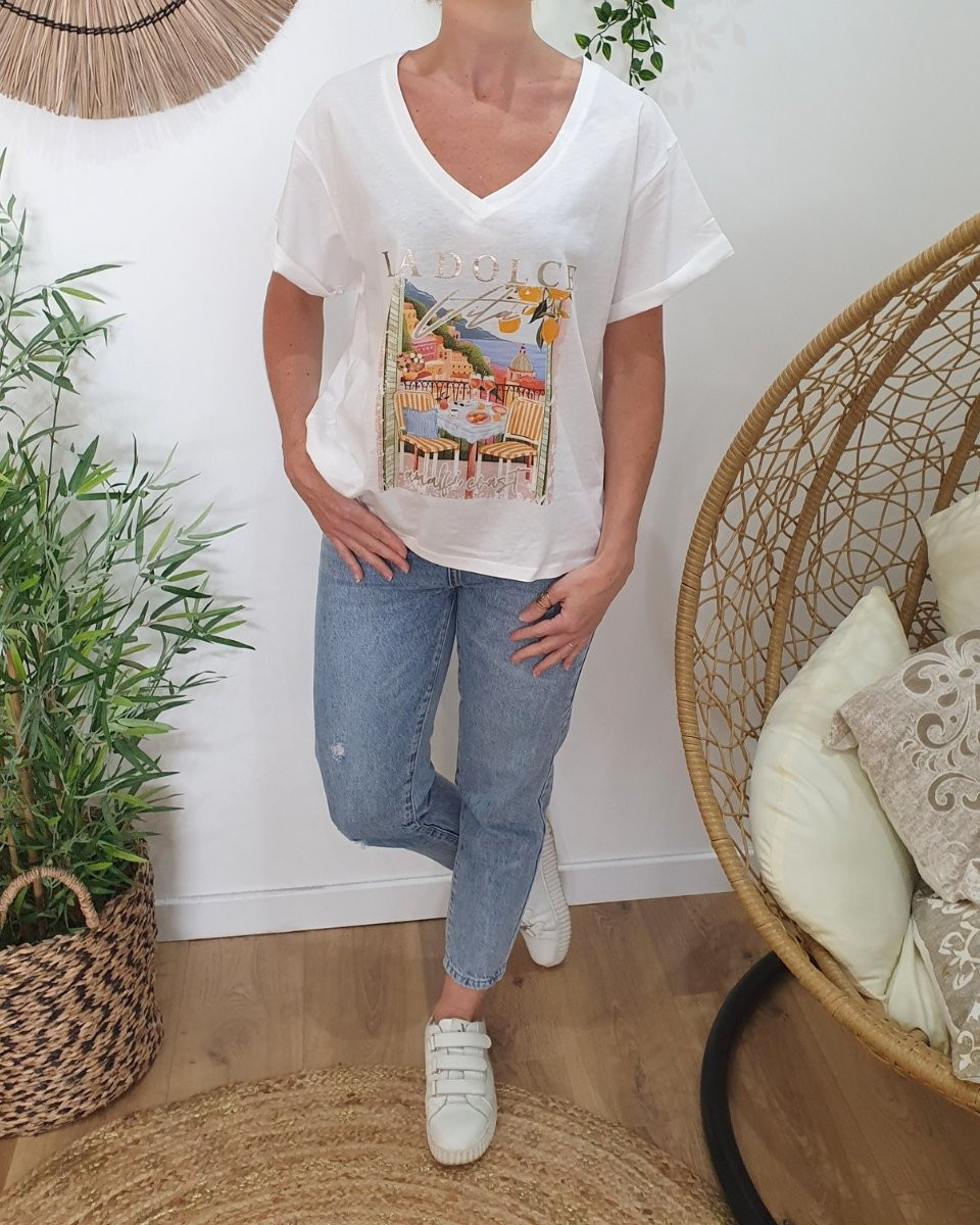 T-shirt femme blanc La Dolce Vita multicolore
