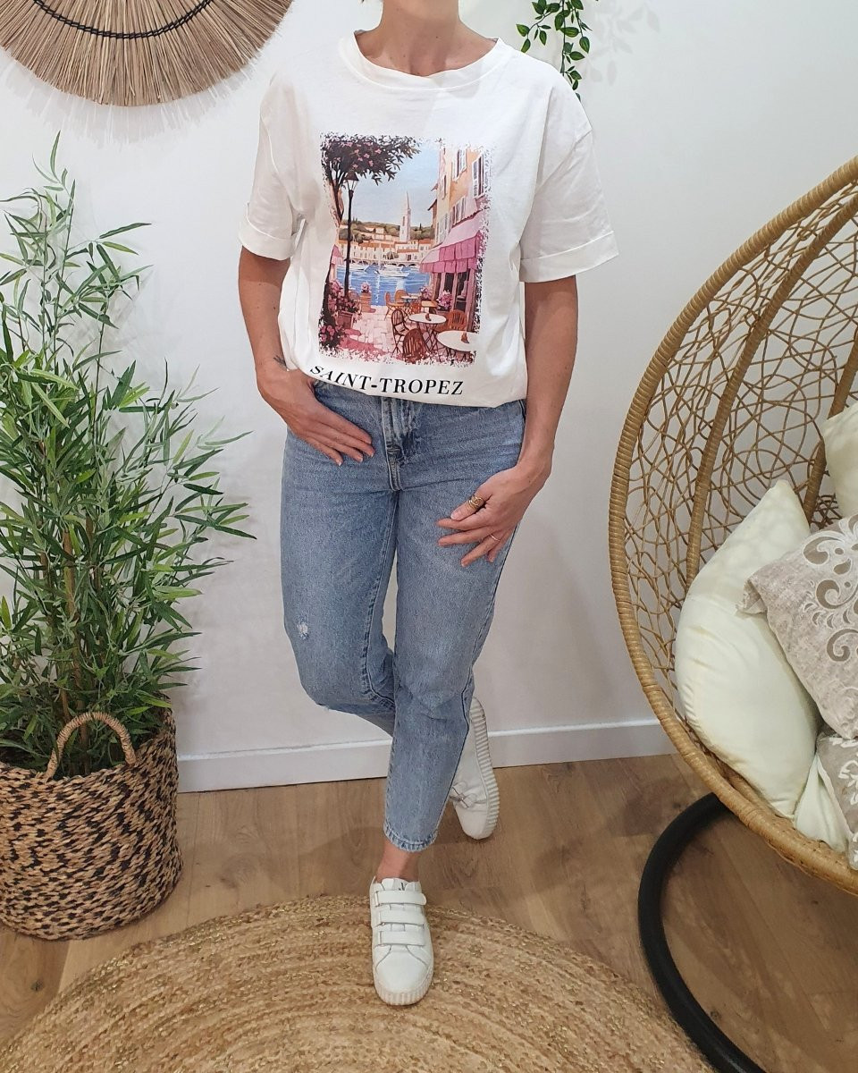 T-shirt femme blanc Saint Tropez multicolore