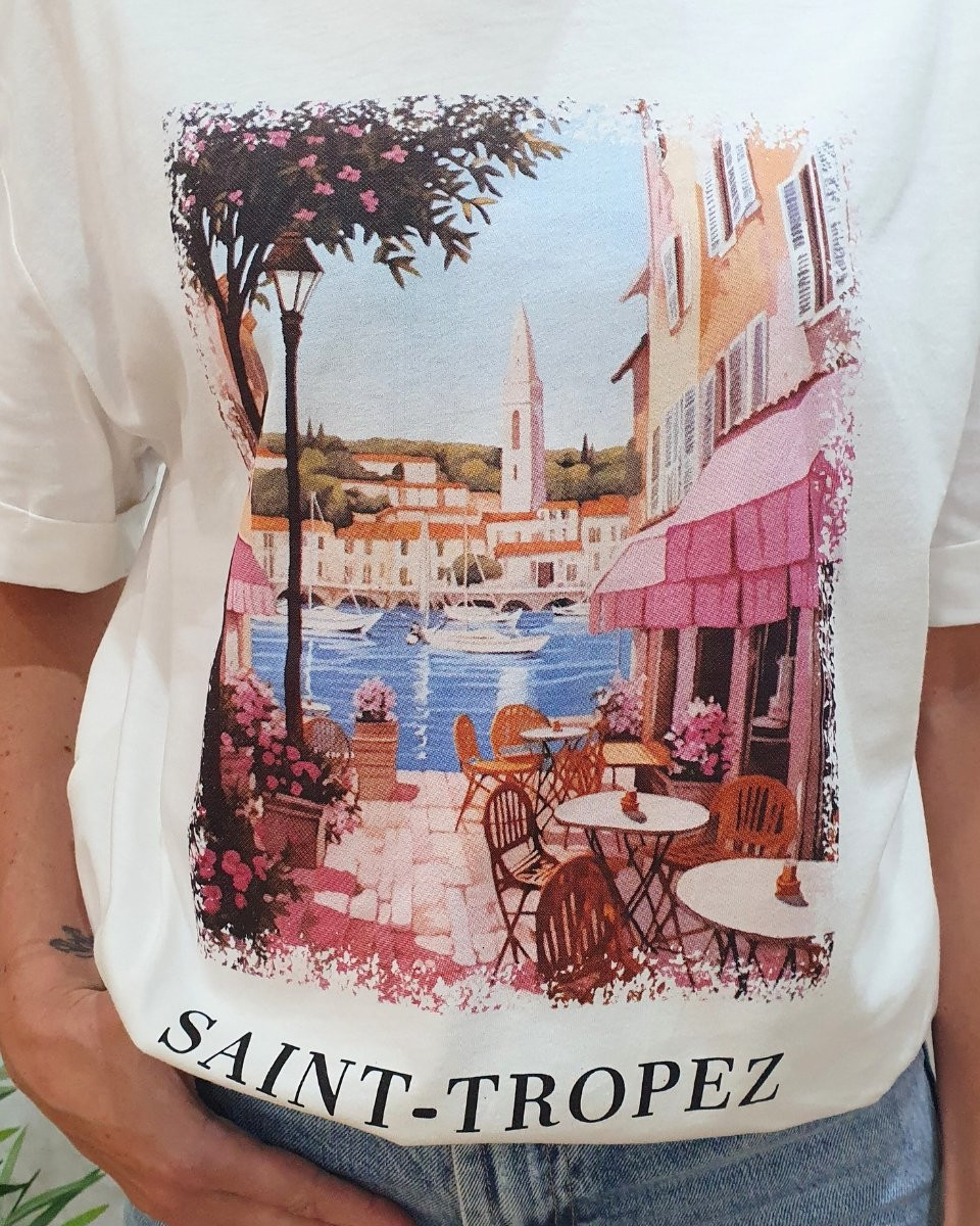 T-shirt femme blanc Saint Tropez multicolore