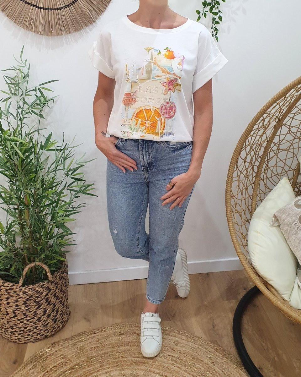 T-shirt femme blanc East Coast multicolore