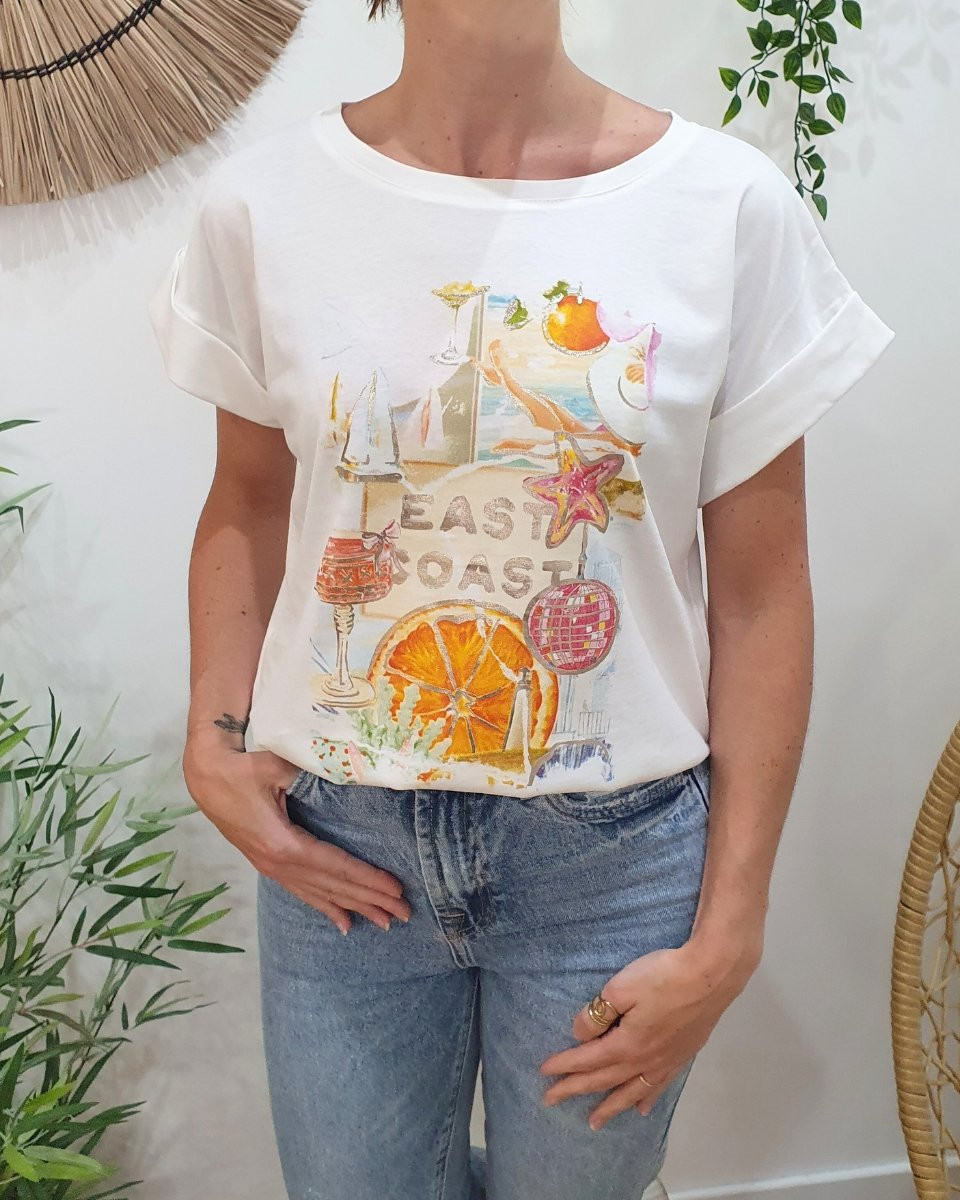 T-shirt femme blanc East Coast multicolore