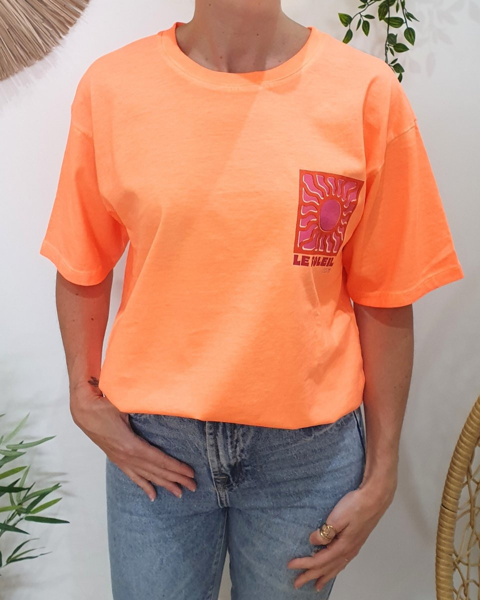 T-shirt femme orange fluo Soleil rouge mauve
