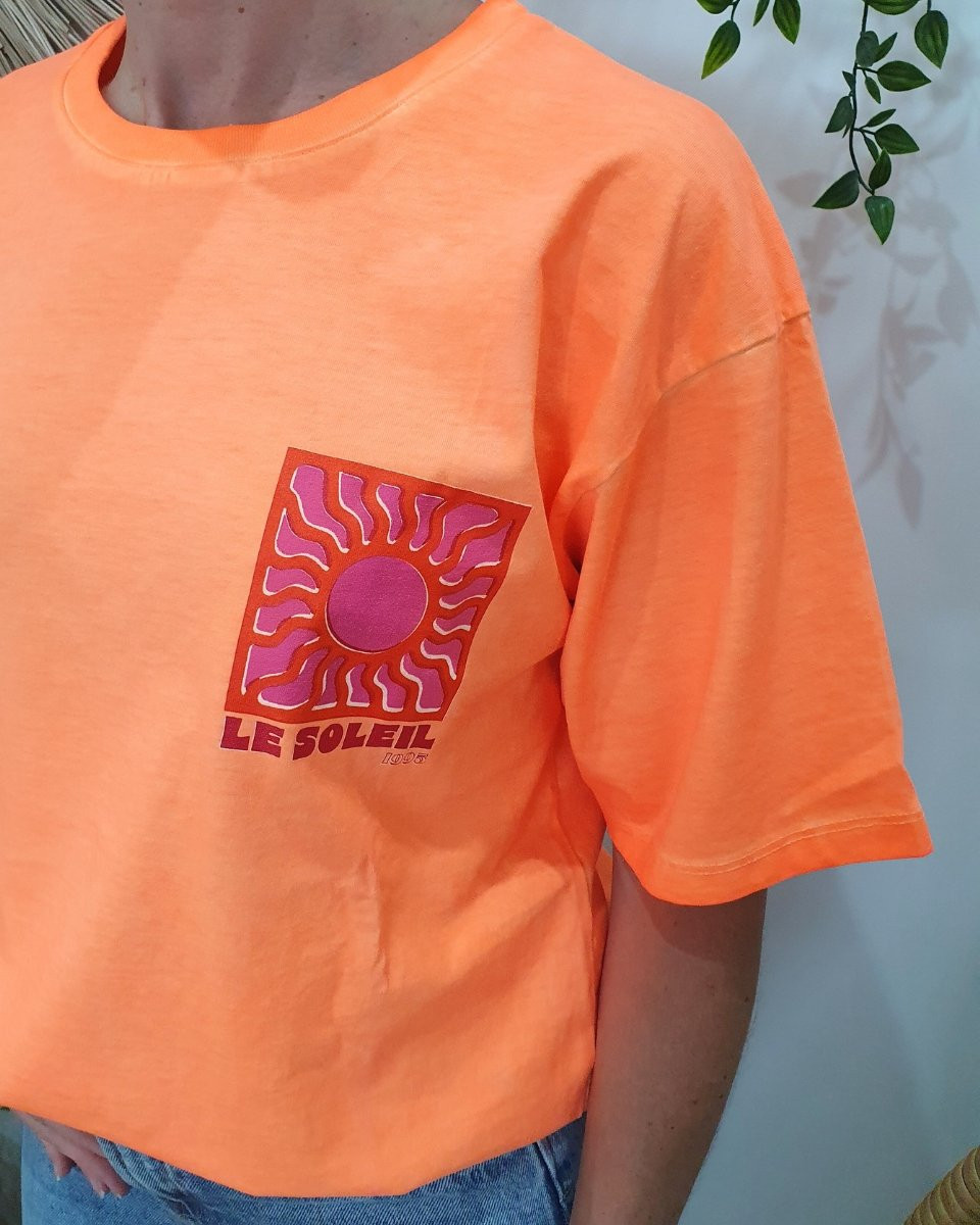 T-shirt femme orange fluo Soleil rouge mauve