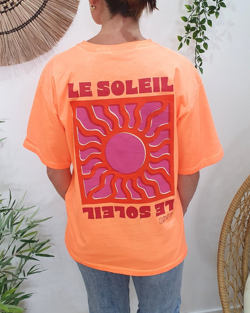T-shirt femme orange fluo Soleil rouge mauve