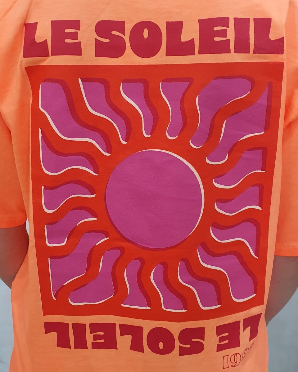 T-shirt femme orange fluo Soleil rouge mauve