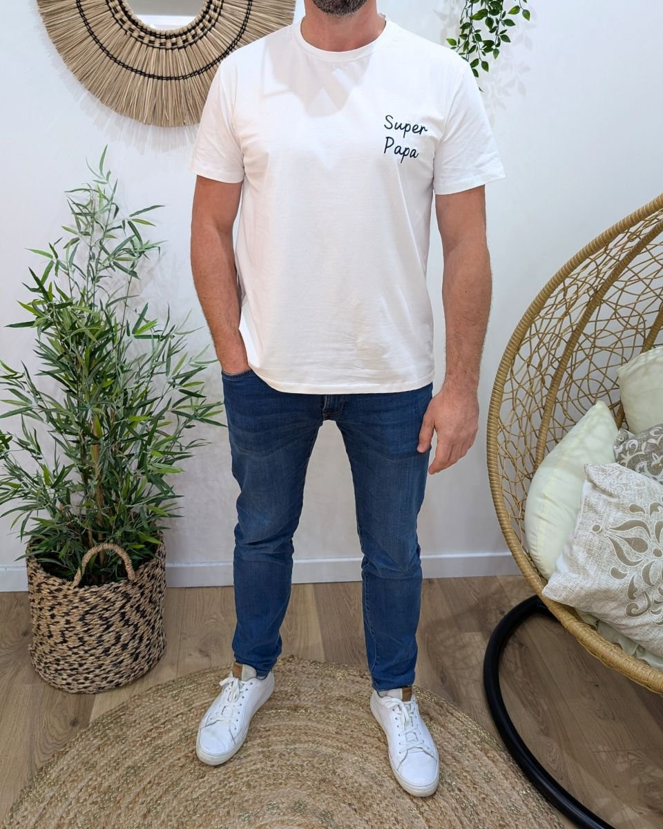 T-Shirt homme blanc Super papa bleu marine