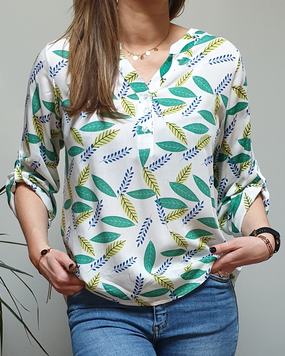 Tunique blanche feuilles vertes et bleues