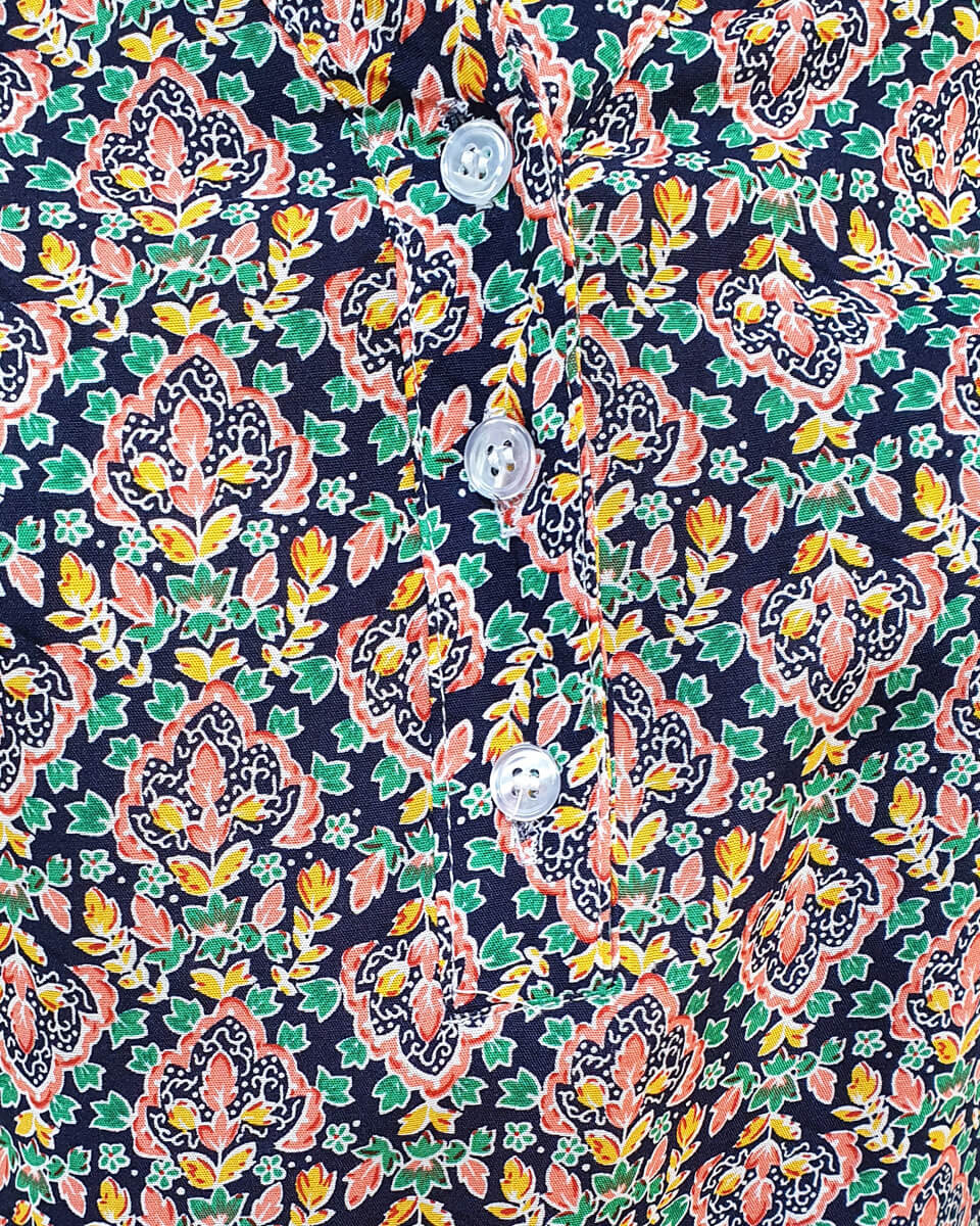 Tunique marine fleurs royales oranges jaunes et vertes