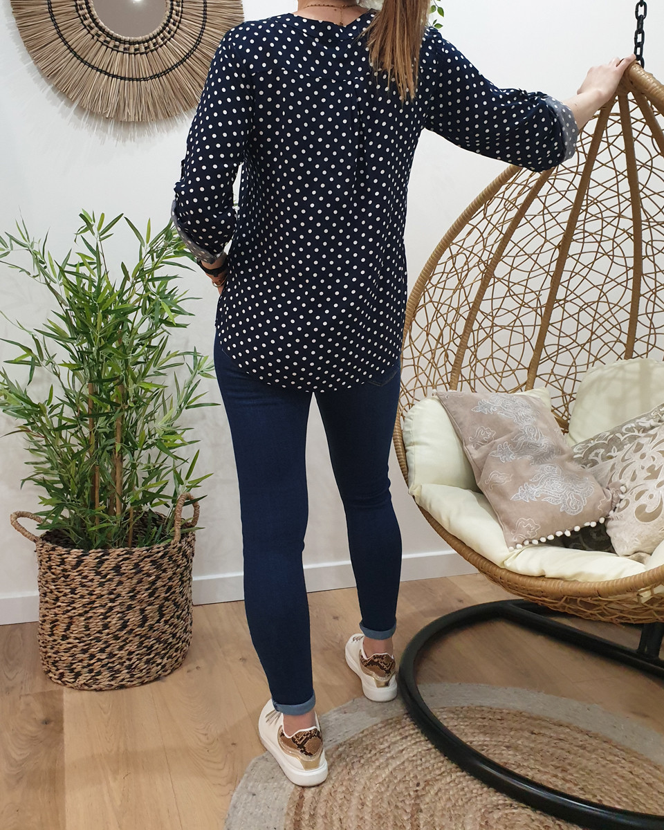 Tunique bleue marine à pois blancs