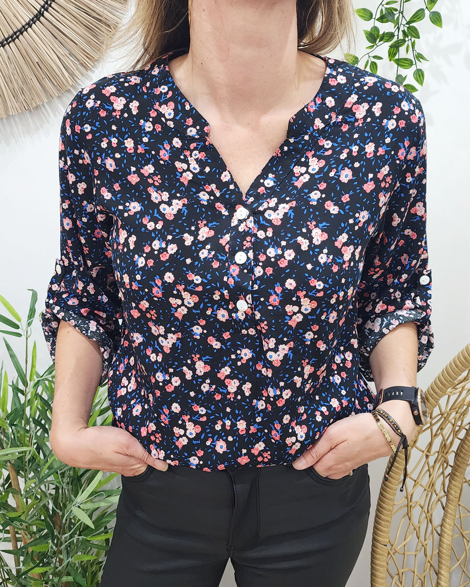 Tunique femme noire fleurs roses et bleu roi