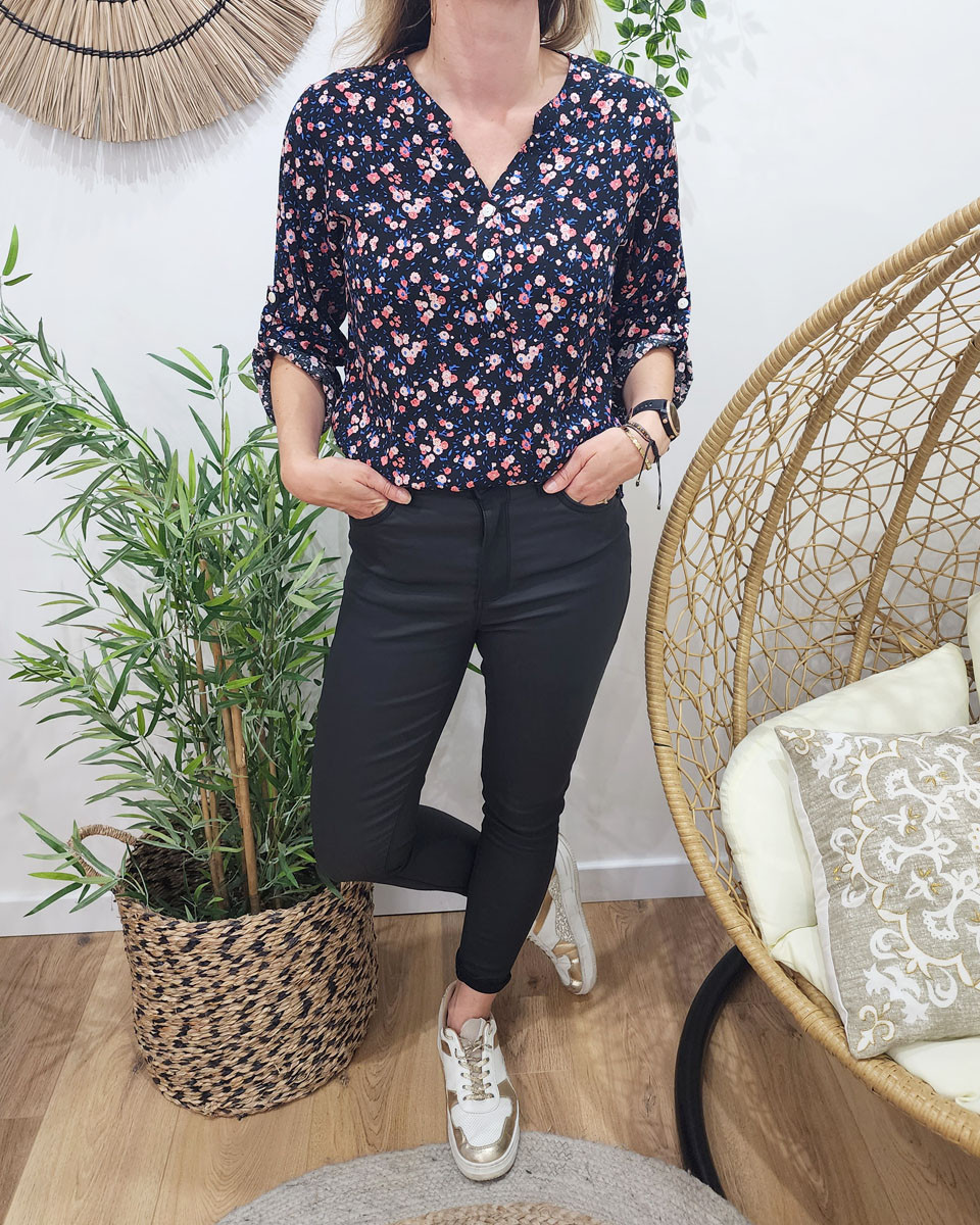 Tunique femme noire fleurs roses et bleu roi