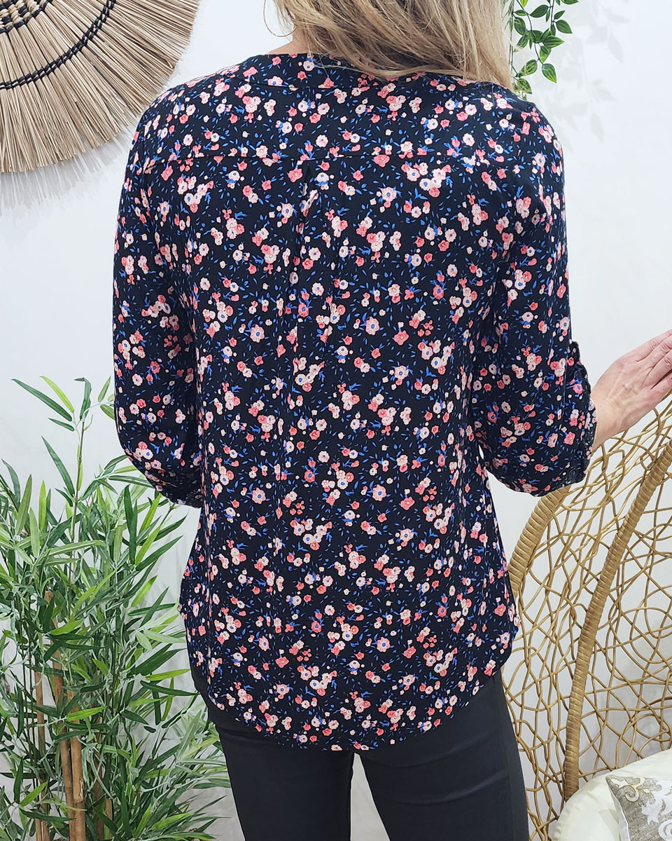 Tunique femme noire fleurs roses et bleu roi