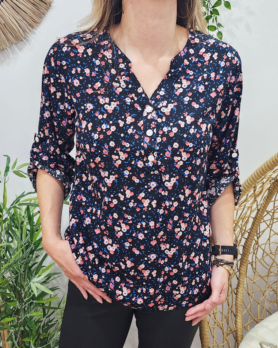 Tunique femme noire fleurs roses et bleu roi