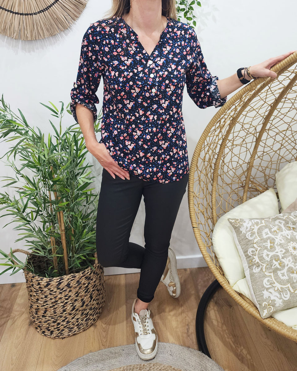 Tunique femme noire fleurs roses et bleu roi