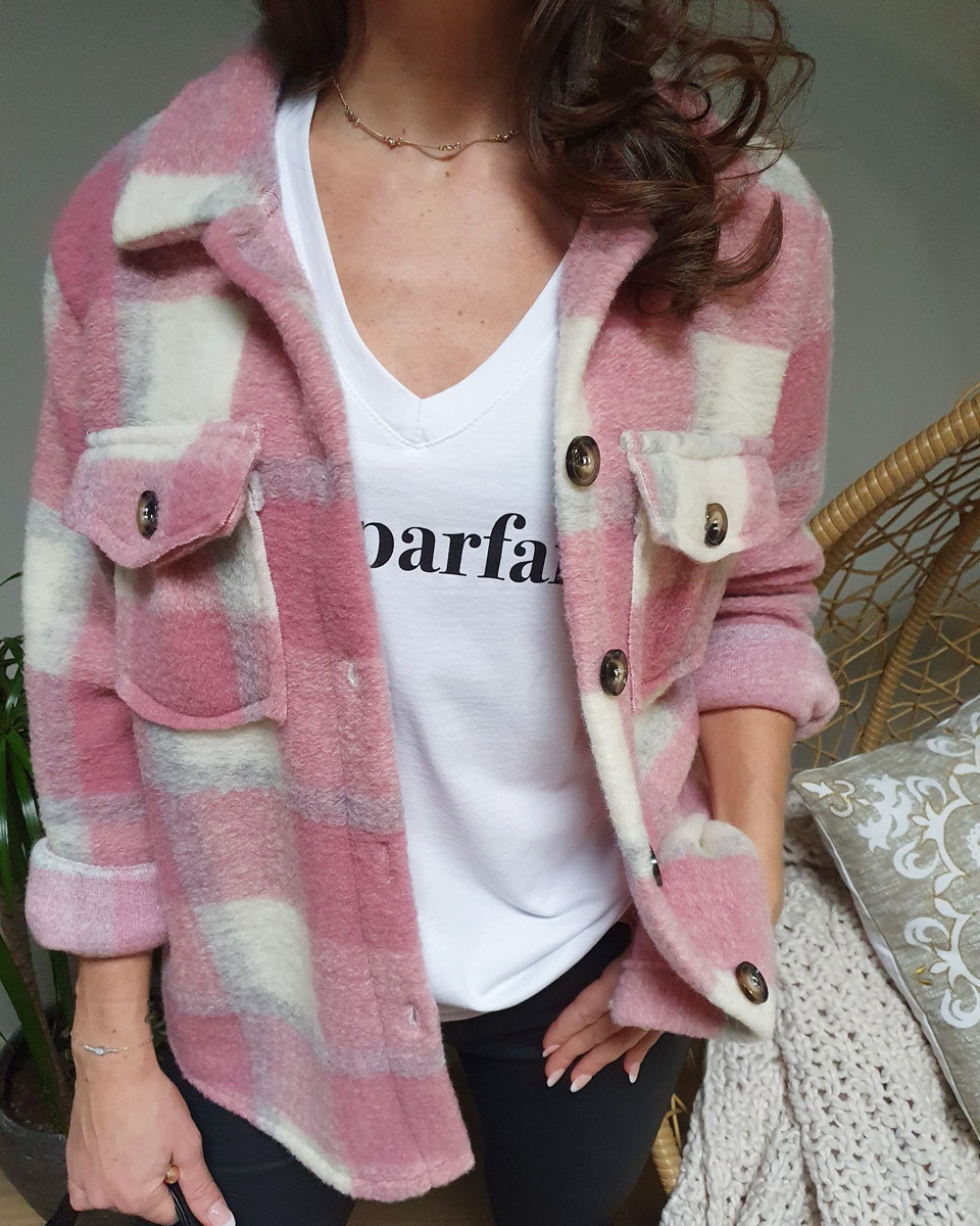 Veste épaisse à carreaux rose grise et blanche