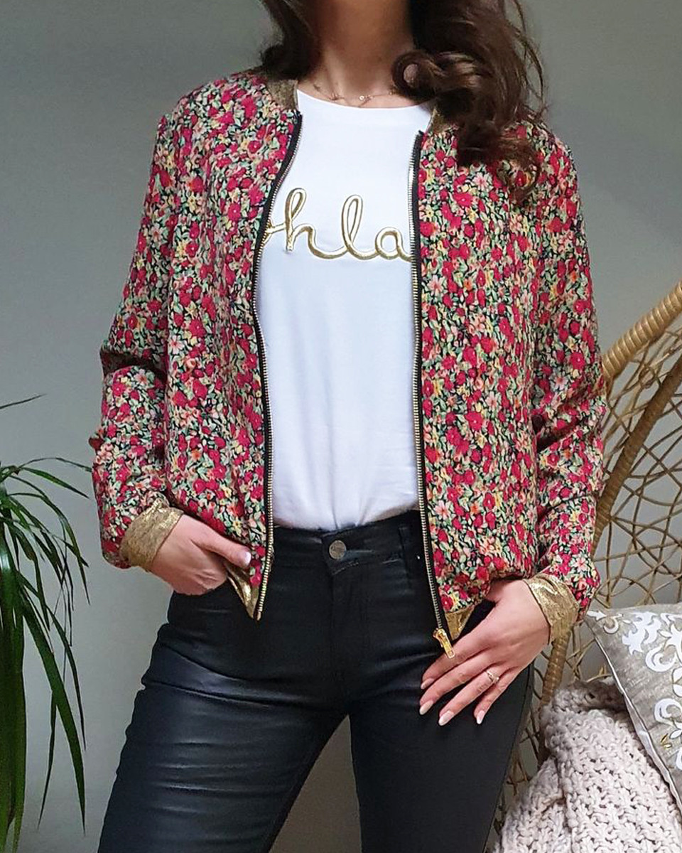 Bombers doré fleurs liberty rouges jaunes vertes