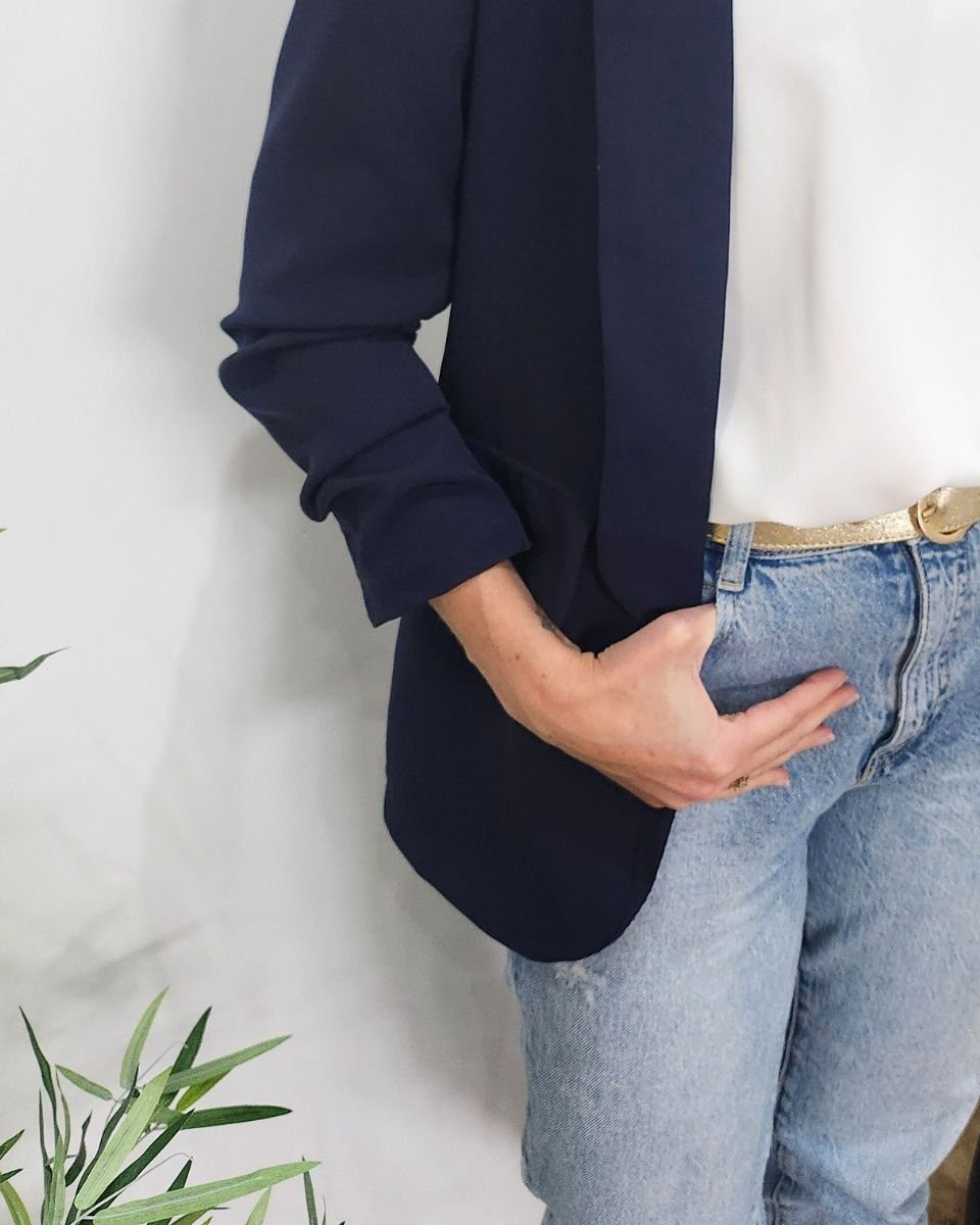Blazer femme manches plissées bleu marine