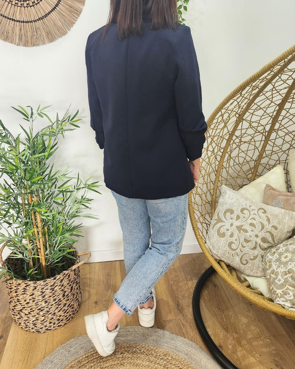 Blazer femme manches plissées bleu marine